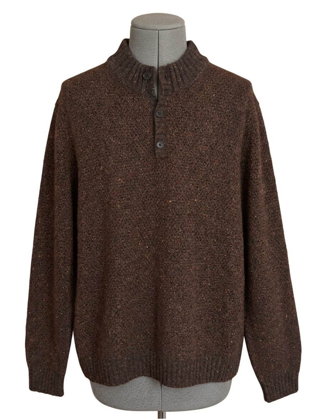 Tom James Premium Collection Men’s Wool Tweed Knit Henley Sweater Brown XL